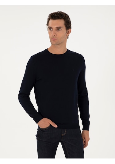Cacharel Lacivert Slim Fit Yün Karışımlı Bisiklet Yaka Basic Triko Kazak