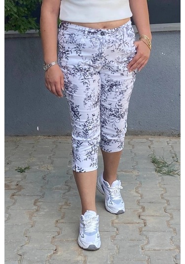 Kadın Beyaz-siyah Yaprak Deseli Kot Kapri Beyaz-siyah