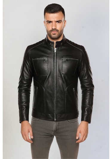 Derije Albert Hakiki Deri Erkek Siyah Ceket-Mont