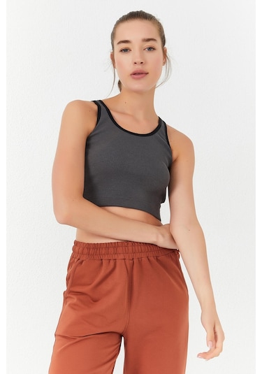 Tommy Life Antrasit Basic Sıfır Kol Dar Kalıp U Yaka Kadın Crop Top Atlet - 97160 Antrasit