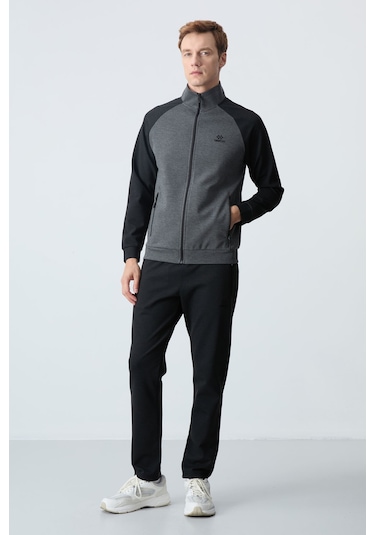 Tommy Life Antrasit - Siyah Dik Yaka Çift Renk Rahat Form Klasik Paça Erkek Eşofman Takımı - 85113 Antrasit