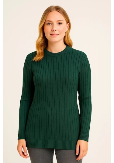 Bisiklet Yuvarlak Yaka Triko Kazak Pamuklu Kalın Fitilli Dokuma, Regular Fit Uzun Kollu Kışlık Model - Haki Haki