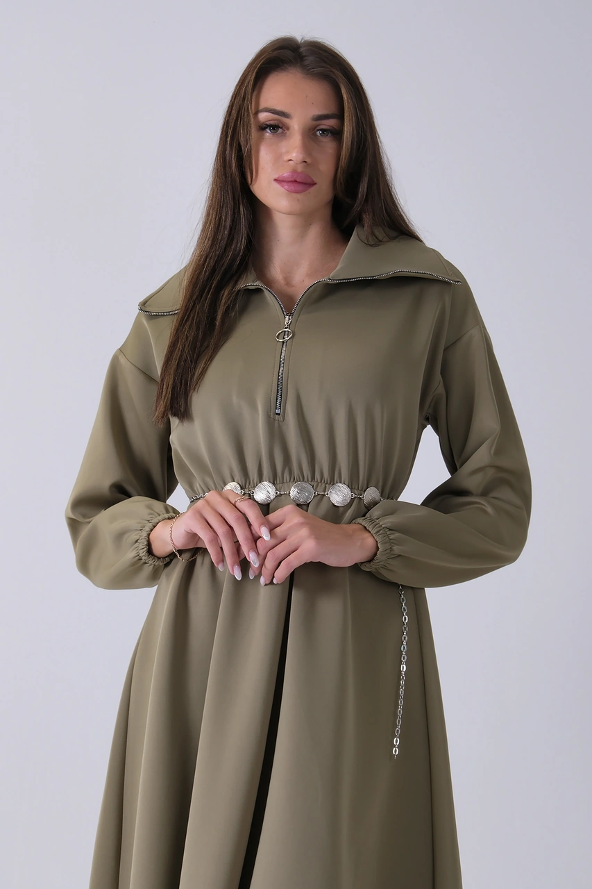 Feminist Haki Yaka Fermuar Detaylı Bel Ve Bileği Lastikli Kemerli Scuba Elbise 4593455.23 Haki