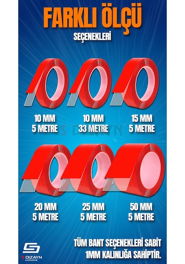 S-dizayn Çift Taraflı Bant 10mm X 5 Metre 5'li Paket Şeffaf Silikon Vhb Bant A+kalite 10 MM x 33 M