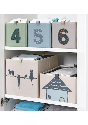 Düzenleyici Kedi Desenli Kare Kutu Meridyendukkan Evdüzeni Düzenleme Saklama Kutusu 26x37x26 Cm Bej Oyuncak Kutusu Bej