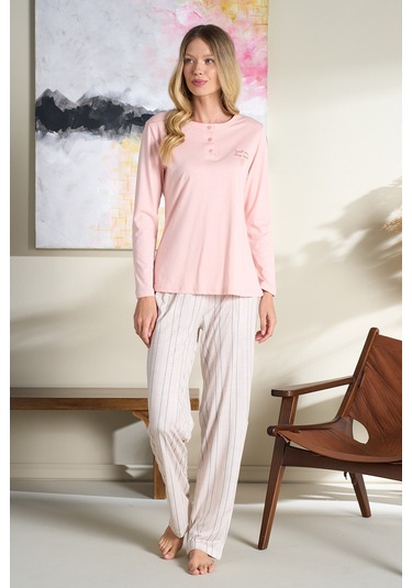 Kadın Büyük Beden Penye Uzun Kol Pijama Takımı 3195 Pudra Pudra