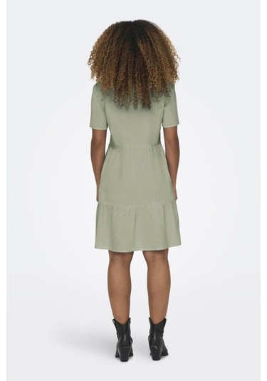 Only Kadın V Yaka Kısa Kollu Keten Elbise Cok Renklı