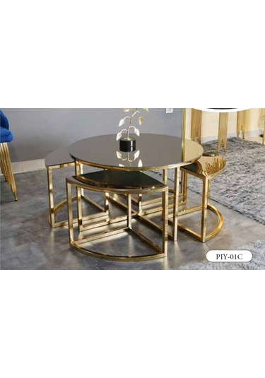 Mim Füme - Gold Yuvarlak 4+1 Pizza Orta Sehpa Gold Füme