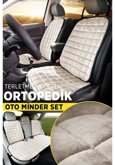 Premium Cepli Ortopedik Oto Koltuk Minder Seti - Oto Koltuk Kılıfı - Ön Ve Arka Koltuk Tam Set - Bej