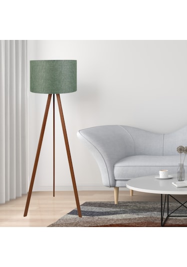 Pratik Ahşap Üç Ayaklı Lambader Yeşil Haki Kumaş Başlık Salon Yatak Odası Köşe Lambası Yeşil
