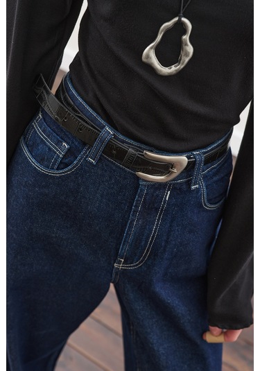 Timsah Deri Görünümlü Kemer Siyah Siyah