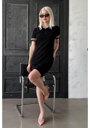 Madmext Siyah Polo Yaka Şerit Detaylı Kadın Elbise Mg2344