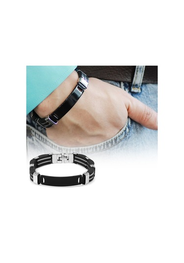 Kişiye Özel İsim Yazılı Silver-black Renk Çelik Erkek Bileklik Model-2 Siyah