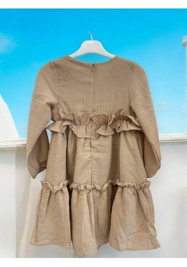 Kız Çocuk Pamuklu Mevsimlik Astarlı Fırfırlı Bol Elbise-14441 Bej