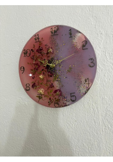 Pelince - Pembe Mor Tomurcuk Güllü Epoksi Duvar Saati Özel Tasarım - Tek Üretim - 30 Cm Pembe