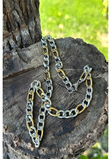 Figora Model Erkek Kalın Yassı Gümüş Ve Altın Çift Renk Gold Silver 316l Paslanmaz Çelik 50cm Kolye