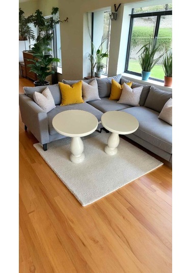 Krem Ahşap Mantar Sehpa 2 Li Set Minimalist Yan Sehpa Takımı