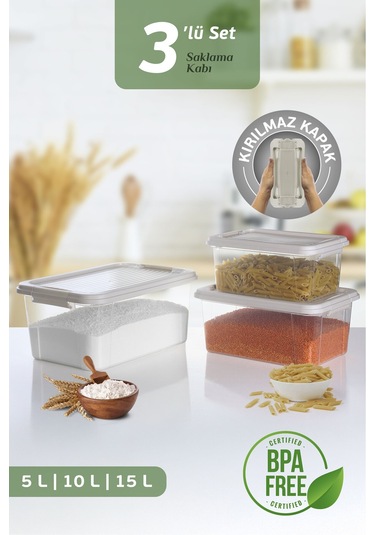 3'lü Organizer Box 5-10-15l Saklama Kabı - Çok Amaçlı Düzenleyici Kilit Kapak Derin Saklama Kutusu Bej