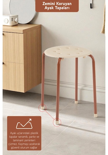 İronika Otto Metal Gövdeli Modern Tabure Mutfak Bahçe Taburesi - 6 Adet Krem Kahverengi