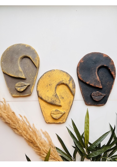 Soyut Tasarım El Yapımı Duvar Dekoru Renkli Taş Maske Büyük 3'lü Set, Dekor Mask, 3d Duvar Heykeli