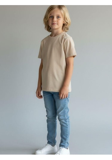 Zekids Çocuk Pamuklu Basic Yuvarlak Yaka T-shirt-16714 Bej