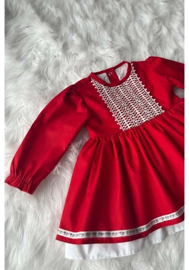 Dantel Ve Kurdele Detaylı Kırmızı Kız Çocuk Bebek Bayram 23 Nisan Elbise 001