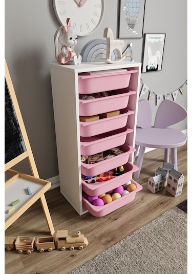 %100 Mdf - Medium Mono 7 Sepetli Oyuncak Dolabı Pembe
