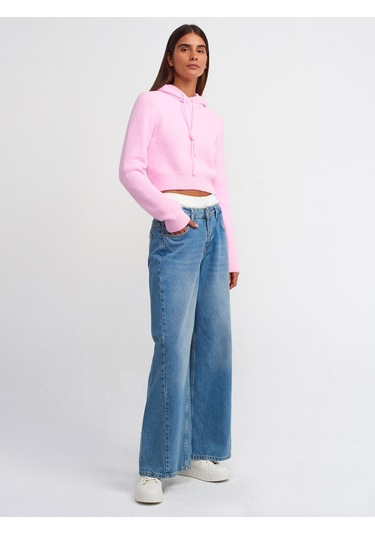 Dilvin Yumuşak Dokulu Kapşonlu Crop Kazak Pembe