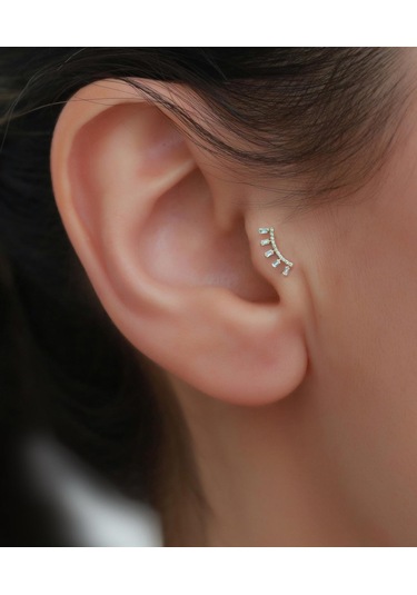 14 Ayar Altın Taşlı Taç Tragus Piercing Sarı Altın