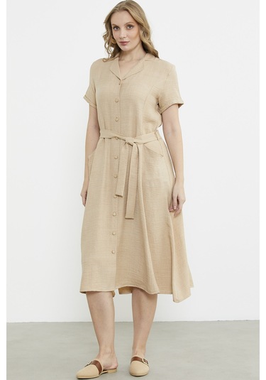Keten Görünümlü Cepli Gömlek Elbise - Bej Bej