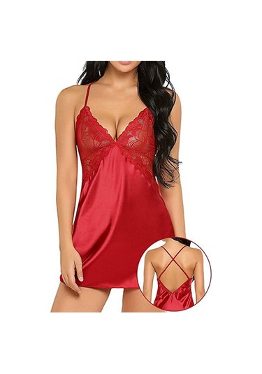 Dolıty Kadın Babydoll İç Giyim Dantel Askılı Pijama T-sırt Kırmızı L Kırmızı