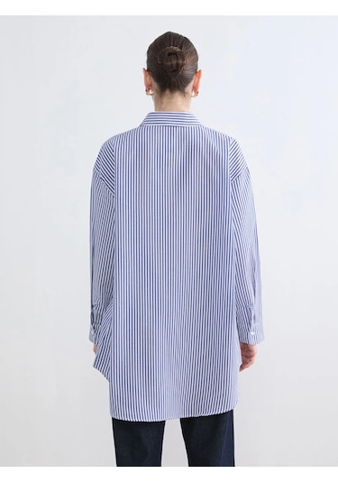 LC Waikiki Mavi Çizgili Oversize Poplin Kadın Gömlek Tunik