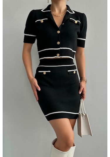 Kısa Triko Etekli Takım - Siyah-krem Siyah - Krem