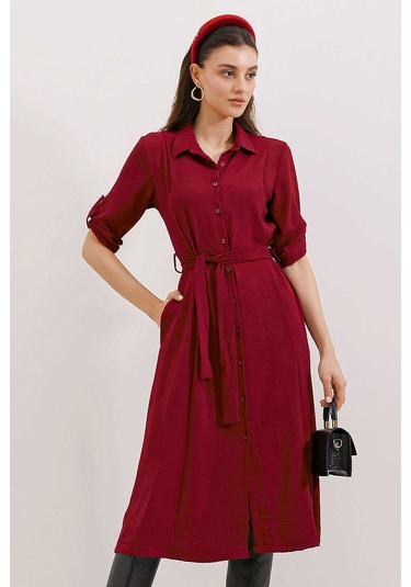 Bigdart Kadın Bordo Kuşaklı Gömlek Elbise 2442 Bordo