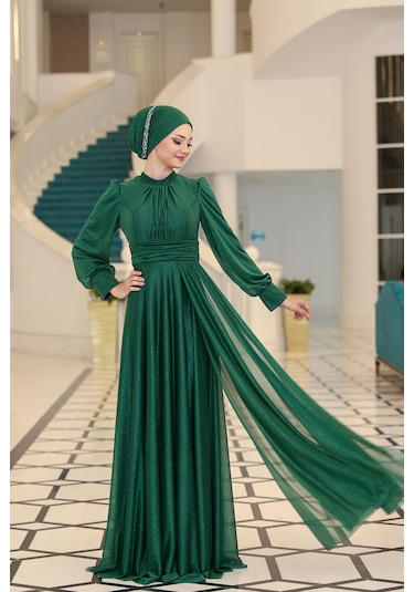 Raika Moda Şık Tasarım Tül Kübra Abiye Zümrüt