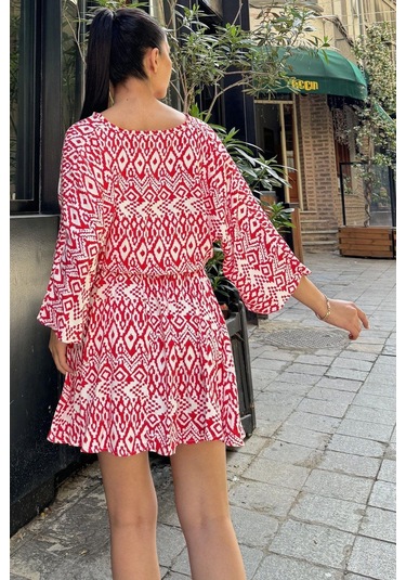 Kadın Kırmızı Etnik Desenli Viskon, Yarasa Kol, Kruvaze Mini Kimono - Kloş Kısa Elbise Kırmızı