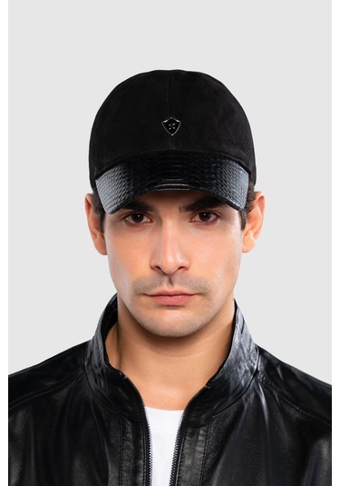 Tamer Tanca Erkek Hakiki Deri Siyah Süet Yılan Şapka 524 Yln Sapka Sk20-21 Sıyah Suet Yılan Koyu Siyah