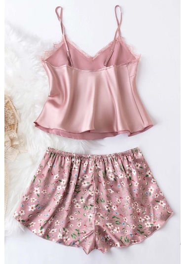 Merry See Dantel İşlemeli Çiçek Desenli Şort Pijama Takımı Pembe