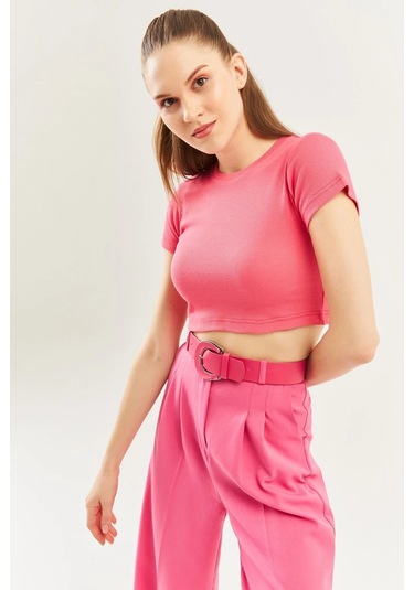 Kadın Kısa Kol Bisiklet Yaka Vücuda Oturan %100 Pamuklu Kaşkorse Esnek Crop Bluz Pembe