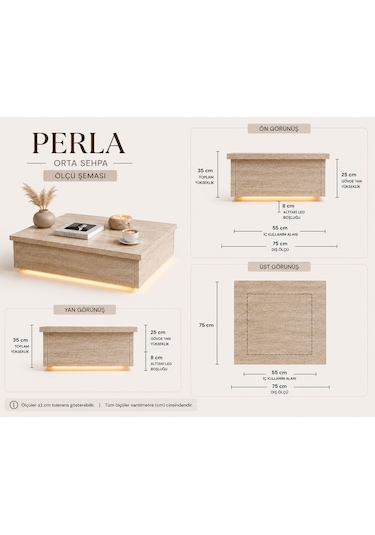 Perla Led Işıklı Kare Orta Sehpa - Traverten Doku - Mermer Desen