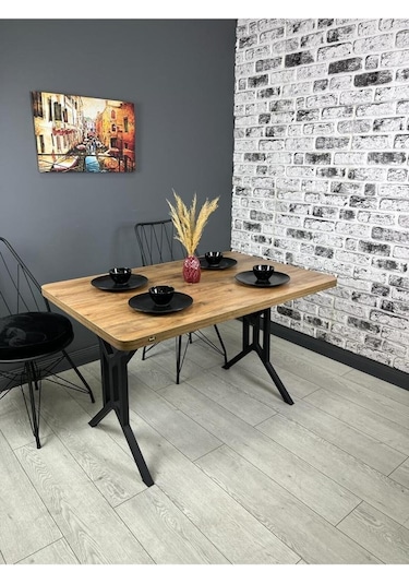 Sultan Ceviz Mutfak Yemek Masası Balkon Masası Kavisli Köşe Metal Siyah Ayak 120 80 Cm