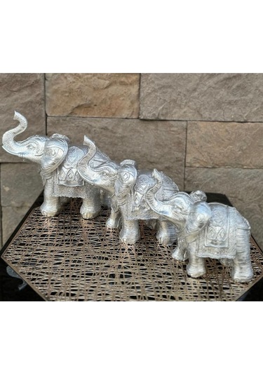 Dekoratif Polyester Üçlü Fil Biblo Gümüş