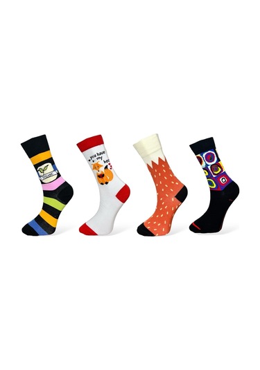 4'lü Unısex Organik Çizgili, Tilki Tasarımlı, Puantiyeli Ve Geometrik Desenli Esnek Nem Alabilen Pamuklu Spor Soket Çoraplar Çok Renkli
