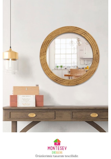 Antik Ahşap Dekoratif Ayna Yuvarlak Banyo Duvar Aynası 56 Cm Naturel