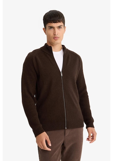 Defacto Standart Fit Dik Yaka Fermuarlı Yün Karışımlı Triko Hırka F2983ax25wnbn497 Kahve