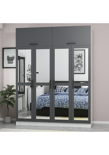 Minar Kale 4 Kapaklı 4 Aynalı 2 Ç Dolap Ve Yüklük Beyaz Antrasit 255cm