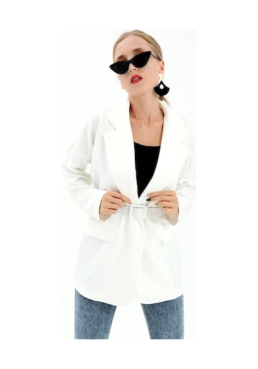 Düşük Omuz Kemerli Atlas Kumaş Blazer Ceket - Ekru-ekru Ekru