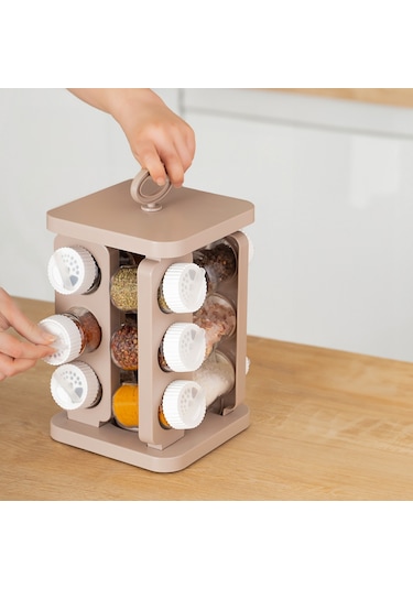 Porsima 1078 Kare Döner Standlı Döner Kapaklı Cam Baharatlık Cap Beyaz - Cappucino