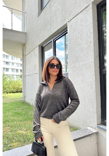 Kadın Antrasit Polo Yaka Basic Bluz, Uzun Kol, Regular Kesim, Günlük Ve Spor Sweatshirt Antrasit