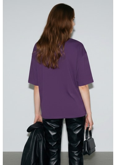 Soft&Basic Kadın %100 Organik Pamuk Oversize Fit Basic Yuvarlak Yaka T-shirt Mor